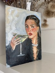 original oil painting Girl and Martini 15х21cm Wall Art Gift Impressionism