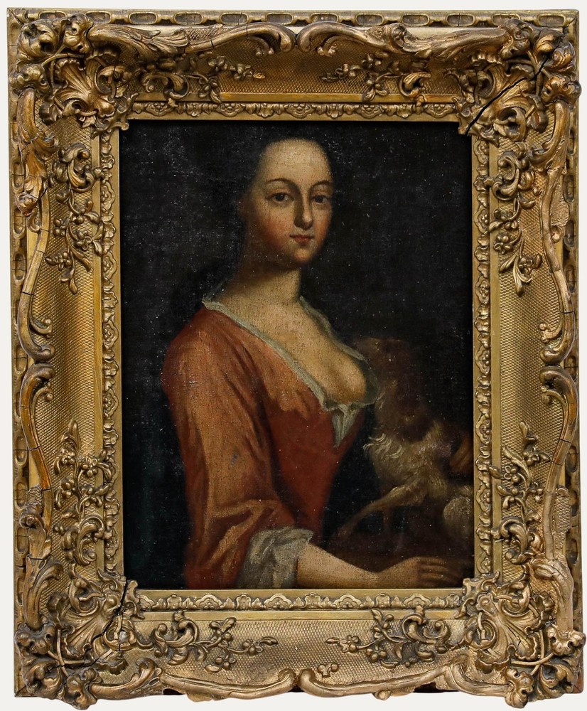 English School 18th Century Oil – Portrait of an Elegant Lady & Her Dog