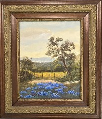 Beautiful Bluebonnet Oil Painting-Texas Hill Country Landscape-Antique Frame