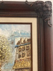 Mid-Century Signed Burnett Paris Street Scene Oil Painting In Ornate Wood Frame