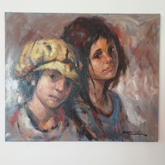 Original Oil Portrait Painting Children Signed Canvas Spanish School 22 x 18