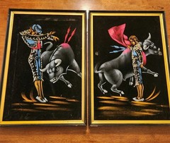 Vintage Black Velvet Matador With Charging Bull Painting Framed Lot Of 2