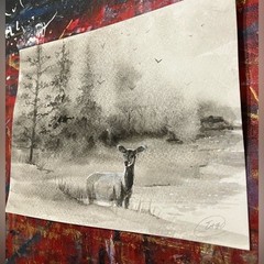 Original Deer Watercolor Painting Forest Misty Landscape Art signed by artist