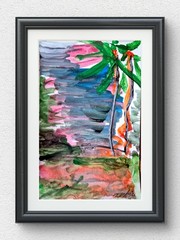 Original Abstract Tropical Sunset Room Decor Warm Blue 8×5 Acrylic on Paper P056