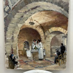 Classic Church Interior Oil Painting „Altar Priests“ Refined Small Artwork