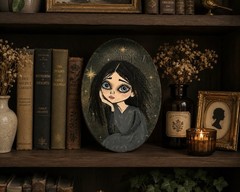 OOAK Oval Portrait Painting Girl w/ Large Eyes & Stars, Unframed