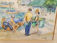 Original Restaurant Street Scene Watercolor Painting by Hilda Katz (1909-1997)