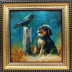 Puppy Crow Original Oil Painting 4×4 Framed Signed Cute Dog Black Bird Art