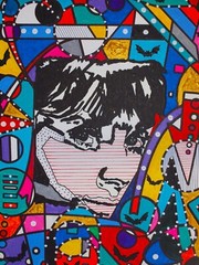 abstract pop art acrylic painting of Austin, Texas. Bats at night.