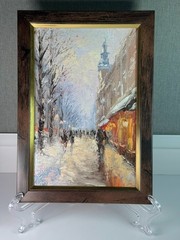 Original Oil Painting Framed 6x4in Winter Street Snowy Cityscape Signed