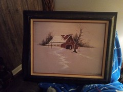 Barn In The Snow Painting Signed by Artist 24 Inch Painting 31 Inch Frame