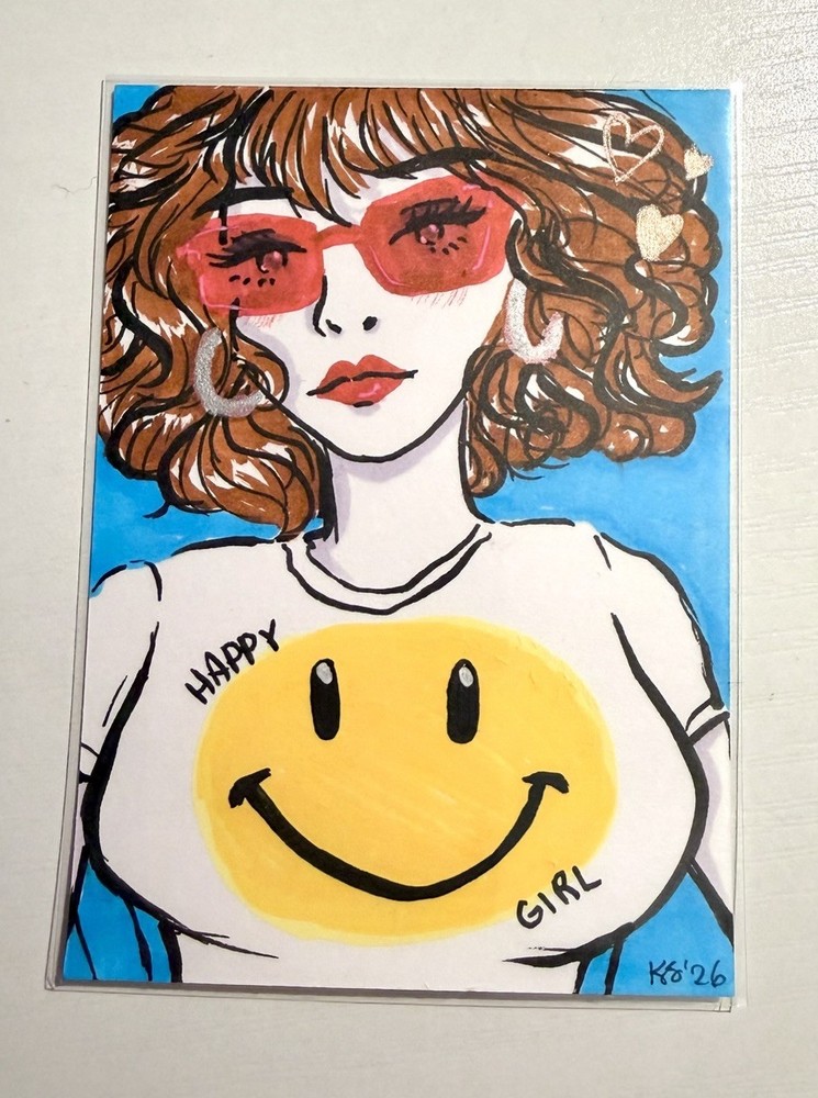ACEO Artist Trading Card Original Art | Happy Girl Marker Drawing With Sunglasse