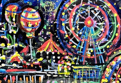 ORIGINAL ACEO Painting CARNIVAL Fair Amusement Park Fireworks Rides Fun ATC ART