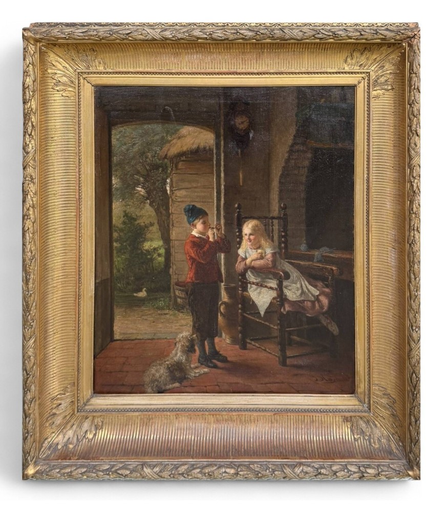 Antique 19th Century Oil Painting – Smoking in Secret in a Rustic Interior