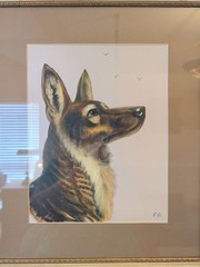 VTG Hand Painted German Shepherd Dog Portrait on Gold Silk Matted~Framed~Signed