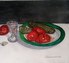 paintingwatercolorstilllifegiftpickledcucumbersandtomatoesonaplateaglasshandmade