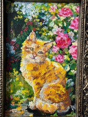 Orangey Painting Cat Original Art Landscape Wall Art Framed Painting Flowers Art