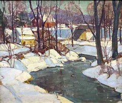 Carl Peters Winter Landscape Oil Painting, Sunlit Snow Banks with Creek & Houses