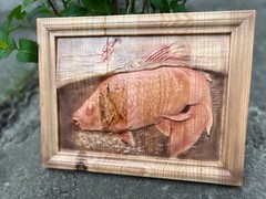 Carpfishing Fisherman Catches Carp Large Wood Carving Multicolor Picture Woodwor
