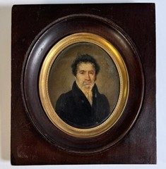 Antique French c.1830 Portrait Miniature, Handsome Gentleman, High Collar Jacket