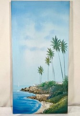 Oil Painting Canvas SEASCAPE Ocean Beach Palms, 12”x 24” signed By NIELSON