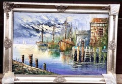 Seaport – original oil painting, Unknown European Artist, est 1940-1960
