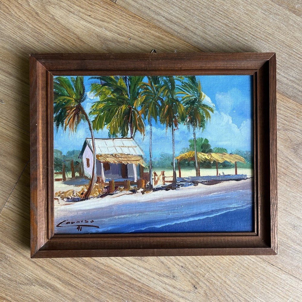 Vintage Oil Painting Seascape Ocean Palm Tree Coastal Nautical Framed Signed 90s