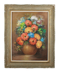 Vintage Floral Still Life Oil Painting On Canvas Signed Illegible 72 30″H x 24″W