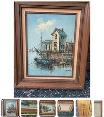 Vintage Original Oil on Board Painting Impressionist Seascape Boat Harbor Summer