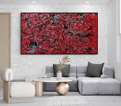 XXL Jackson Pollock Style Red & Black Abstract Textured Painting 59×30 in