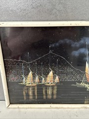 VINTAGE Silk PAINTING Hong Kong Harbour at Night SHIPS Boats 13×8.5