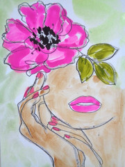 ACEO Women In Art – PINK FLOWERS WOMAN Painting ART