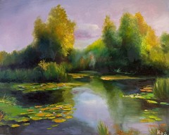 Original Painting Oil, 20 x16 inch, Pond Lilies, Authors Signed Wall Decor Gift