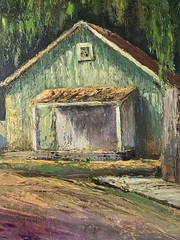 Mid Century 60s CA Plein Air Impressionism Eucalyptus Sunlit Path Shack Painting