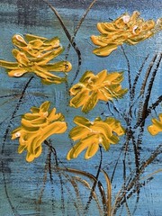 Two 8″x10″ abstract oil, acrylic water flower paintings on board, bright texture