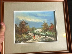 Vintage Original Artist Signed Trees House Home Oil Painting Rural Landscape Art