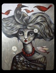 Acrylic On Canvas By Carlos Cesar cuban art 40×32 In“ RED PEARLS,RED BIRDS“.