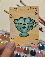 ACEO Vintage Teal Green Teacup original art card watercolor mixed media whimsy