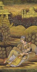 Mughal King & Queen in Romantic Love Scene Art At Garden Painting 5.25×7.5Inches