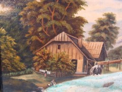 Antique 19C Grist Mill River Landscape O/C Painting
