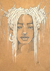 Original Painting Woman portrait Minimalistic Pencil Acrylic On Wood Board 16×24