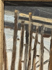 FLORA E. SCHAIFER – c1940s Seascape Oil Painting w/ Pier „Cape Porpoise, Maine“