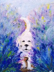 White Labrador Painting Puppy in Lavender Original Art Oil Pastel 11.5×8.5inch