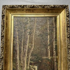 Antique oil on canvas of forest and stream in carved gilt frame