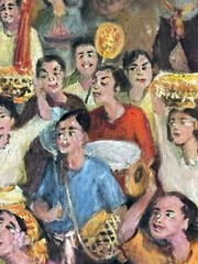 EXCEPTIONAL ANTIQUE THAILAND FOLK ART OIL PAINTING OLD VINTAGE ASIAN THAI PEOPLE