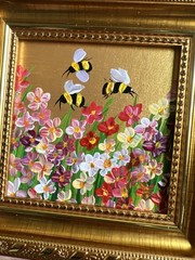 Bee, Honeybee Wild flowers, original,miniature Painting,small,mini, Framed