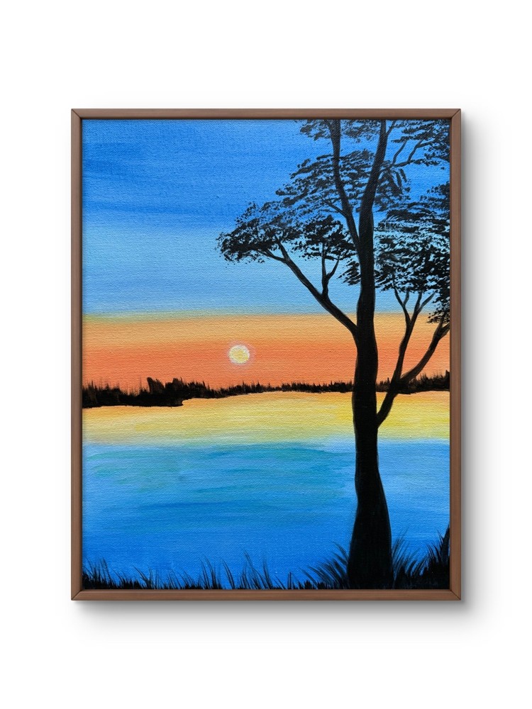 Original Acrylic Lake Landscape Painting Canvas 11×14 Trees Water Forest Art UN
