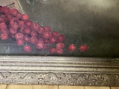1800s Oil On Canvas Cherries Spilling From Basket Still Life Antique Painting