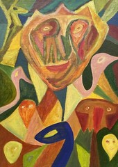 Oil Painting Abstract Figure Composition Modern Danish Midcentury 65X47Cm
