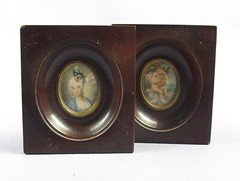Miniature Figure Putto And Noblewoman Dark Wood Frame Vintage 20th Century